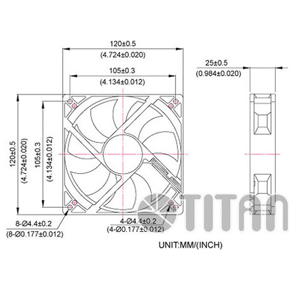 TITAN 120mm x 120mm x 25mm DC 축류 냉각 환기 팬 치수 도면