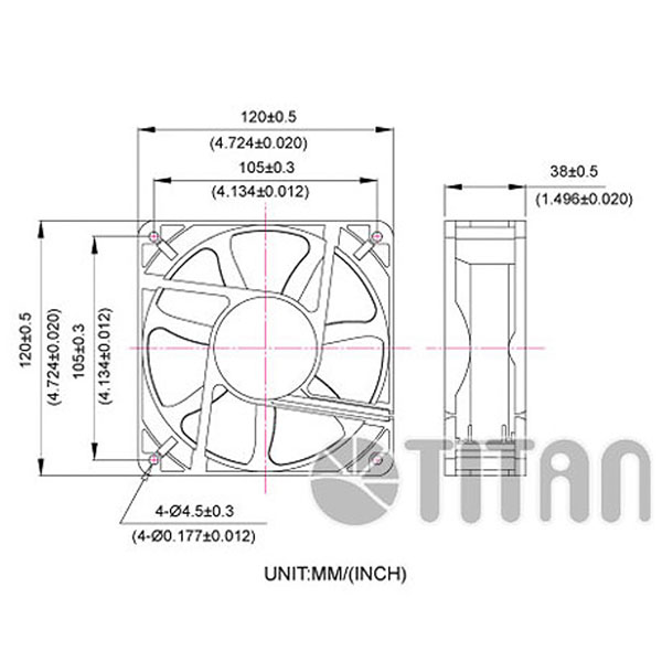 TITAN 120mm x 120mm x 38mm DC軸流冷却換気ファンの寸法図
