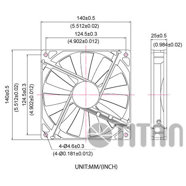 TITAN 140mm x 140mm x 25mm Dessin de dimension du ventilateur de refroidissement axial à courant continu