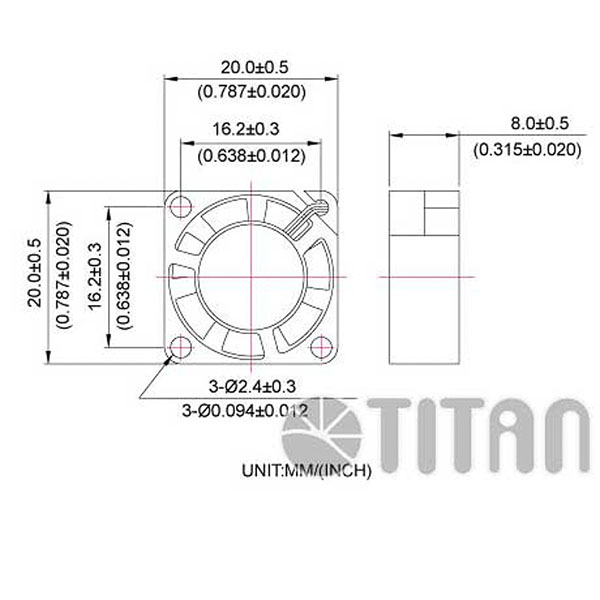 TITAN 20mm x 20mm x 8mm DC eksenel soğutma havalandırma fanı boyut çizimi