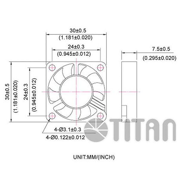 TITAN 30mm x30mm x 7mm DC軸流冷却換気ファンの寸法図