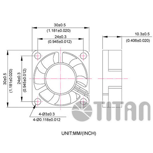 TITAN 30mmx 30mm x 10mm DC軸流冷却換気ファンの寸法図