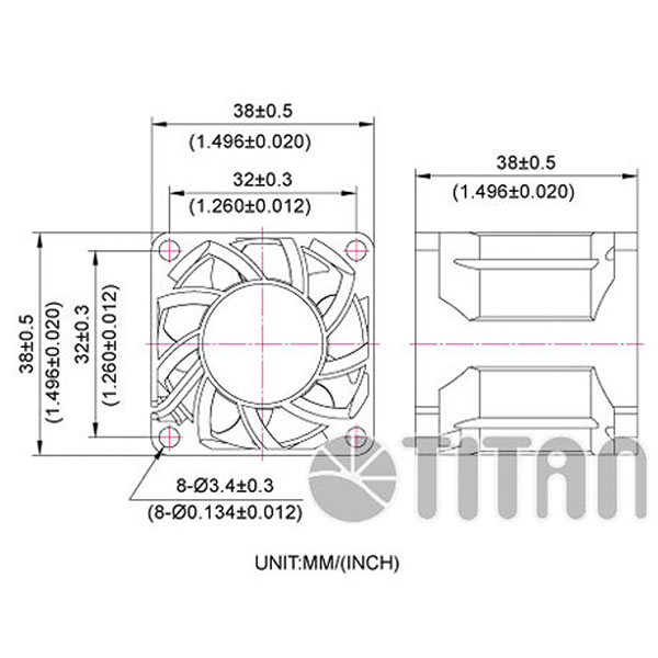 TITAN Dibujo de dimensiones del ventilador de ventilación axial DC de 38 mm x 38 mm x 38 mm