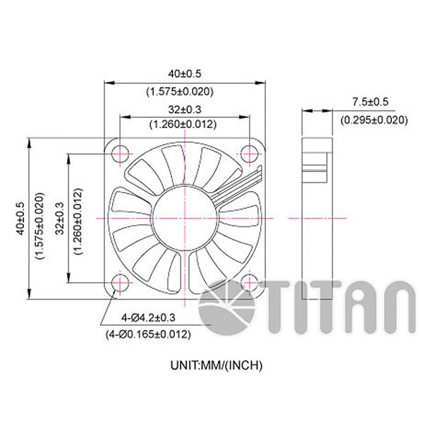 TITAN 40mm x 40mm x 7mm DC軸流冷却換気ファンの寸法図