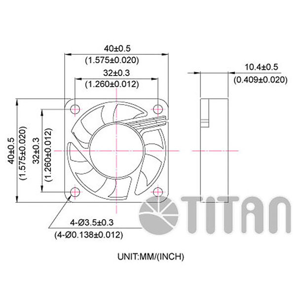 TITAN 40mm x 40mm x 10mm DC軸流冷却換気ファンの寸法図