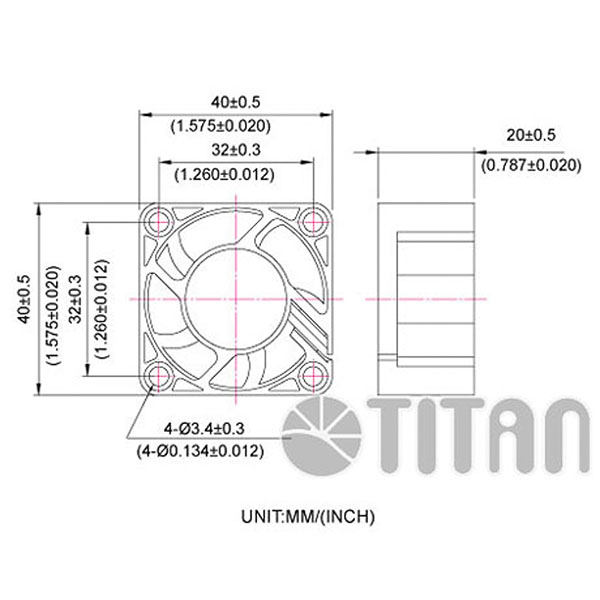 TITAN 40mm x 40mm x 20mm DC軸流冷却換気ファンの寸法図