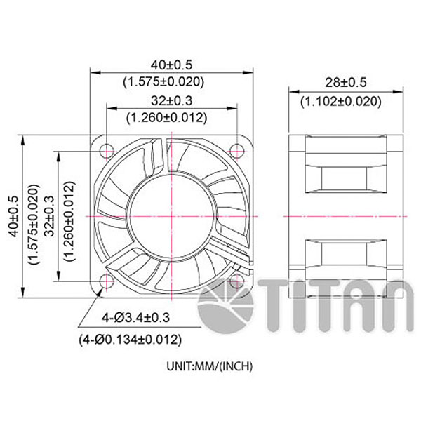 TITAN Dessin dimensionnel du ventilateur de ventilation axial CC 40mm x 40mm x 28mm