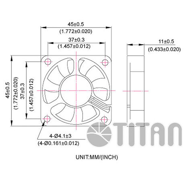 TITAN 45mm x 45mm x 10mm DC axiale koelventilator afmetingstekening