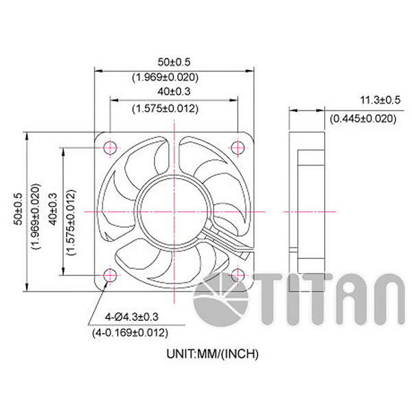 TITAN 50mm x 50mm x 10mm DC軸流冷却換気ファンの寸法図