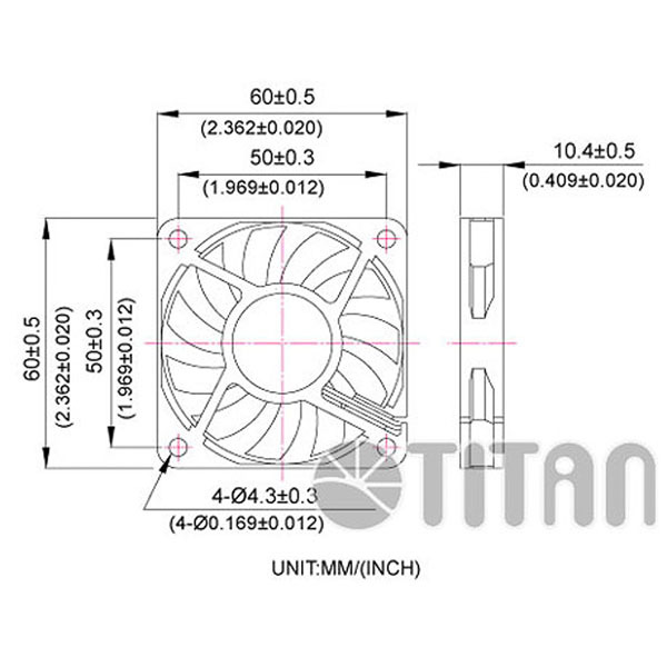 TITAN Dessin dimensionnel du ventilateur de ventilation axiale DC 60mm x 60mm x 10mm