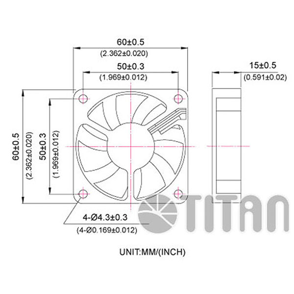 TITAN 60mm x 60mm x 15mm Dibujo de dimensiones del ventilador de ventilación axial de CC