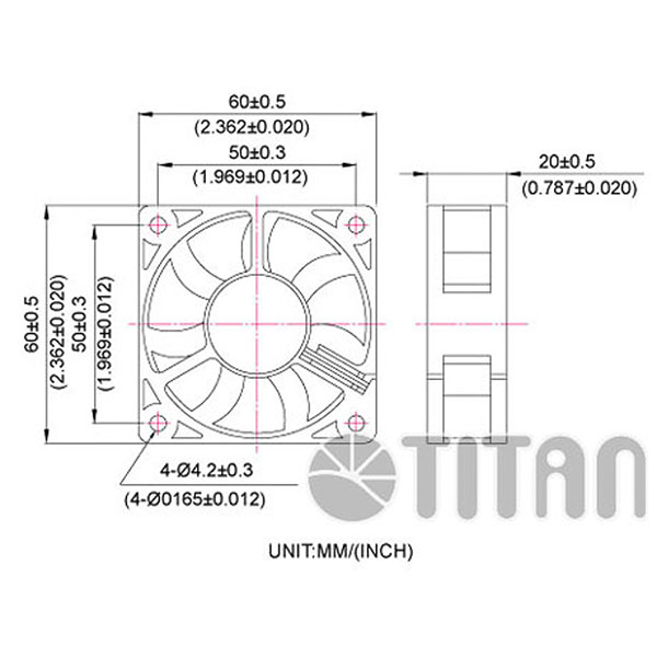 TITAN 60mm x 60mm x 20mm DC軸流冷却換気ファンの寸法図
