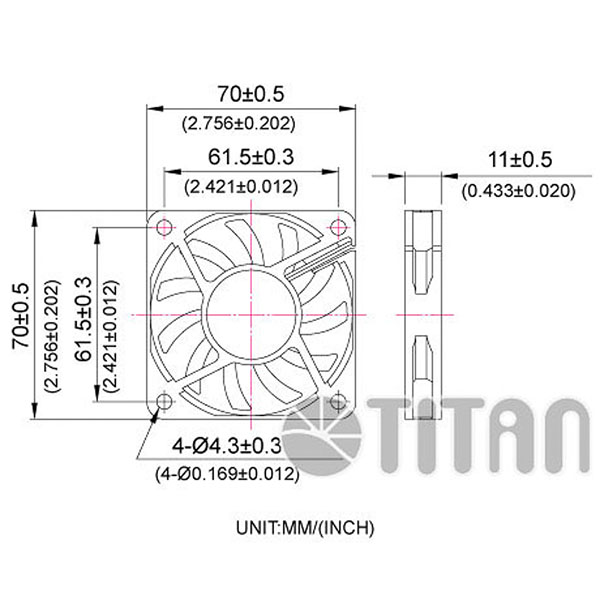 TITAN 70mm x 70mm x 10mm DC軸流冷却換気ファンの寸法図