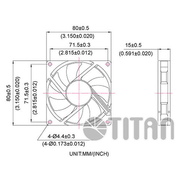 TITAN 80mm x 80mm x 15mm DC軸流冷却換気ファンの寸法図
