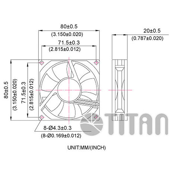 TITAN 80mm x 80mm x 20mm DC eksenel soğutma havalandırma fanı boyut çizimi