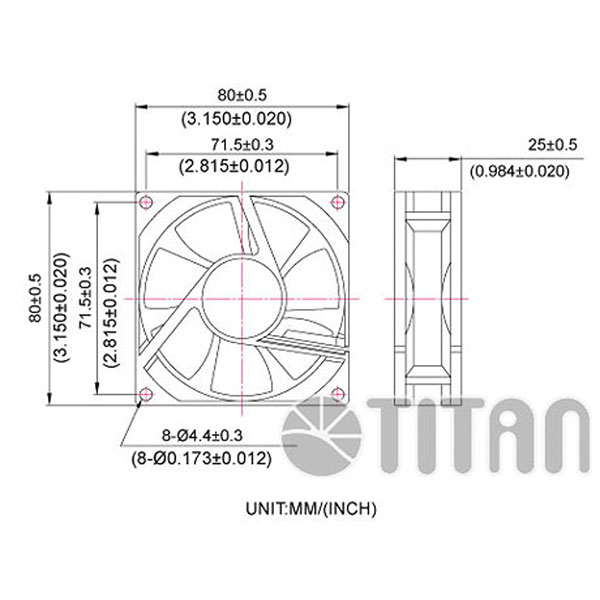 TITAN 80mm x 80mm x 25mm DC軸流冷却換気ファンの寸法図