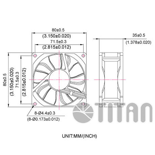 TITAN 80mm x 80mm x 35mm DC軸流冷却換気ファンの寸法図