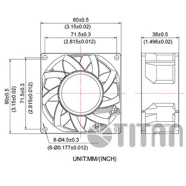 TITAN 80mm x 80mm x 38mm Dessin de dimension du ventilateur de refroidissement axial à courant continu