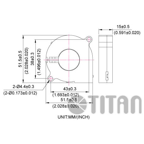 TITAN 50mm x 15mm 系統渦輪散熱風扇尺寸圖