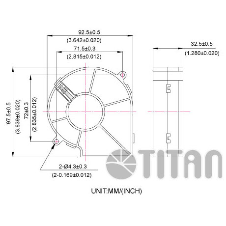TITAN 97mm x 33mm ブロワーファン寸法図