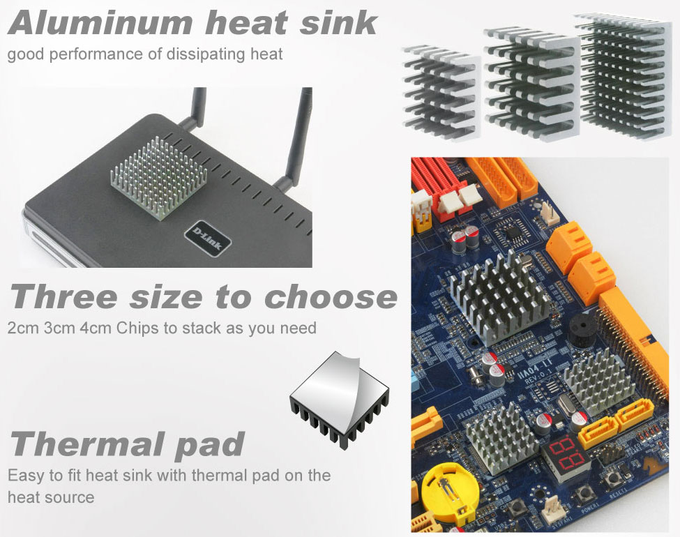 Heatsink/ heat sink/ radiator heat sink/ cooling fin/ adhesive pad/ adhesive thermal pad/ thermal pad/ aluminum heatsink/ aluminum heat sink/ aluminum heat dissipation/ IC heat sink/ IC heat transfer/ heat transfer/ thermal cooling/ frozen IC/ thermal pad/chipsatzkühler