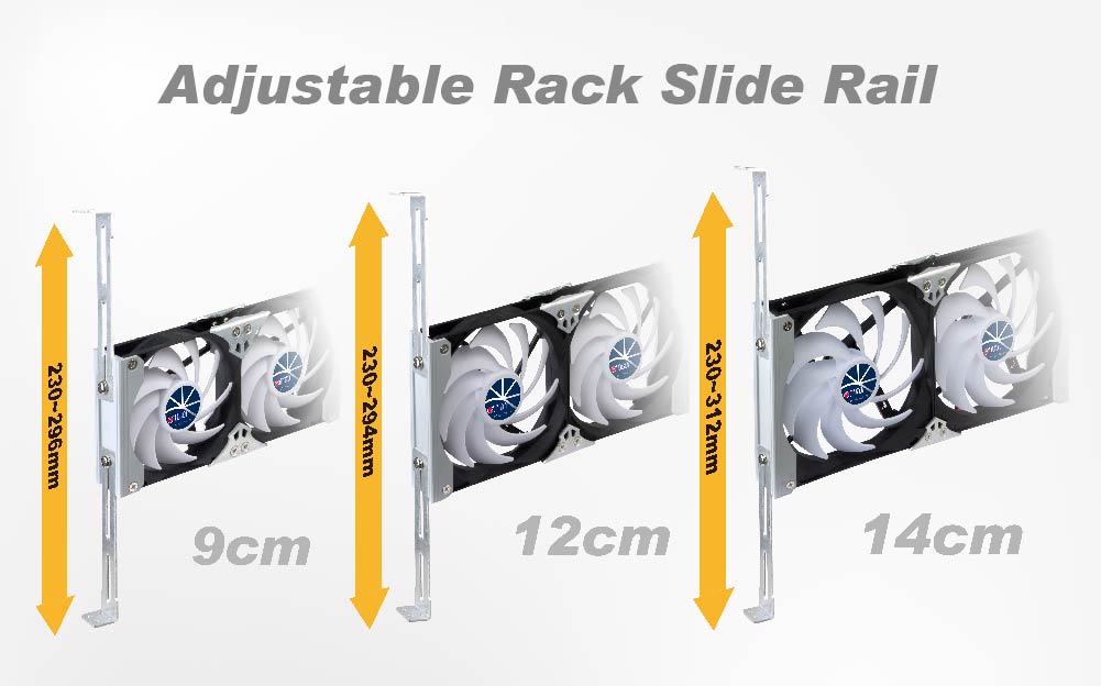 Le ventilateur de réfrigérateur ou d'armoire de ventilation de montage en rack polyvalent est équipé de clips de rails coulissants de rack réglables.