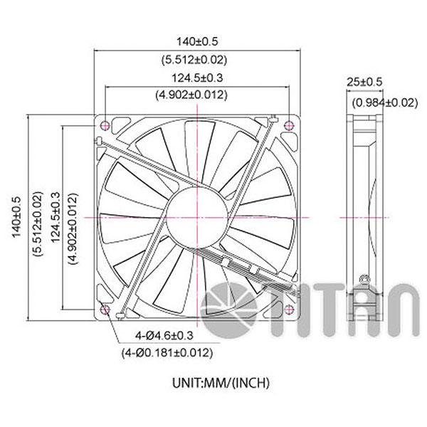 TITAN 140mm x 140mm x 25mm DC軸流冷却換気ファンの寸法図