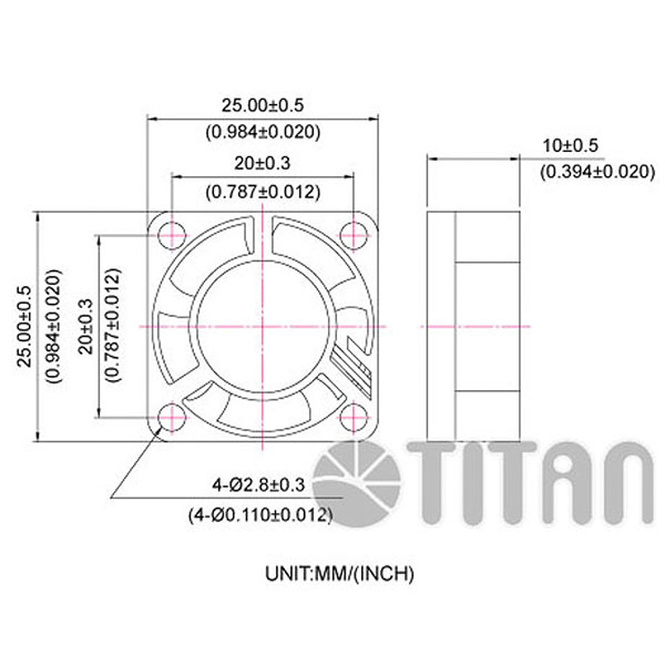 TITAN 20mm x 20mm x 15mm DC軸流冷却換気ファンの寸法図