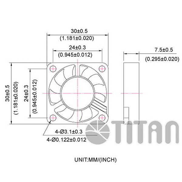 TITAN 30mm x 30mm x 7mm DC-Axiallüfter Abmessungen