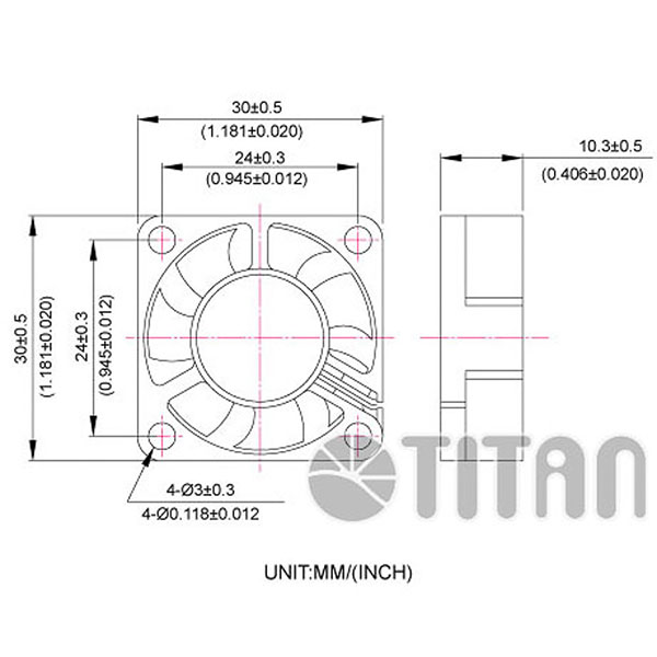 TITAN 30 مم × 30 مم × 10 مم رسم بعد مروحة تهوية تبريد محورية DC