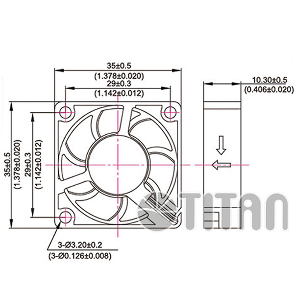 TITAN 35mm x 35mm x 10mm DC軸流冷却換気ファンの寸法図