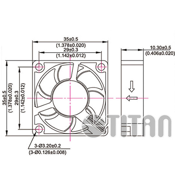 TITAN 35mm x 35mm x 10mm DC 축류 냉각 환기 팬 치수 도면