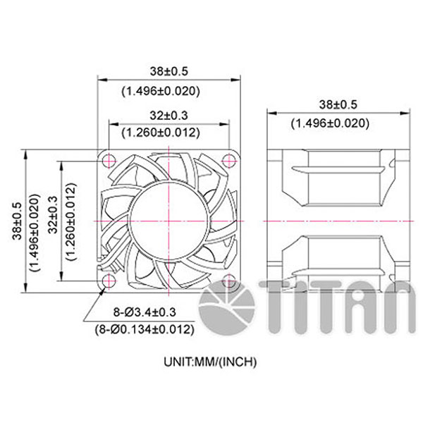 TITAN 38mm x 38mm x 38mm DC軸流冷却用換気ファン寸法図