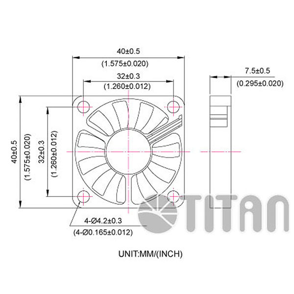 TITAN 40mm x 40mm x 7mm DC-Axiallüfter Abmessungen