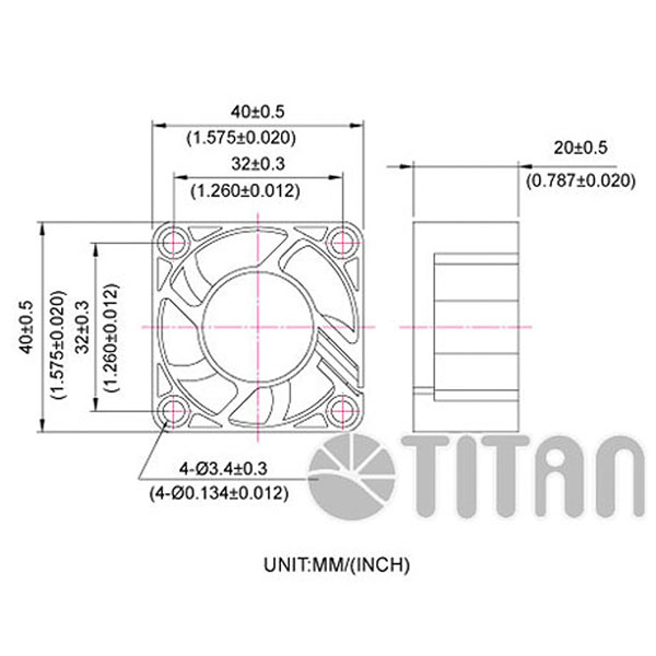 TITAN 40 مم × 40 مم × 20 مم رسم بعد مروحة تهوية تبريد محورية DC