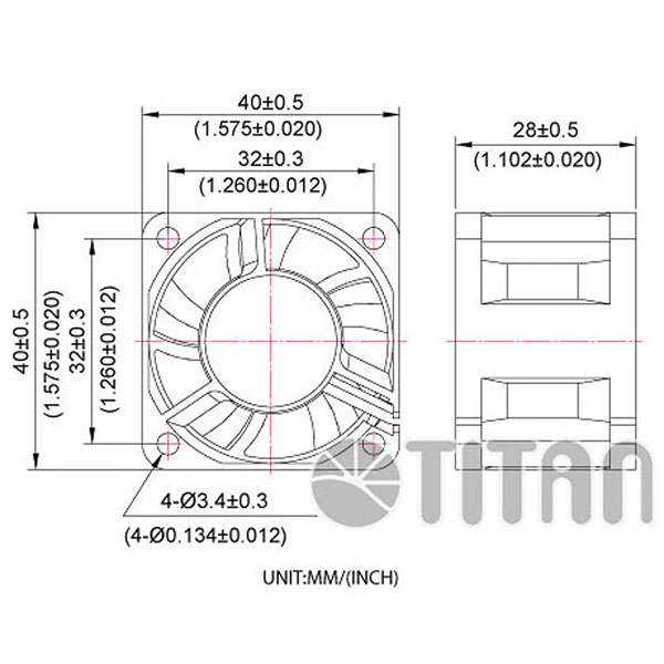 TITAN 40mm x 40mm x 28mm DC軸流冷却換気ファンの寸法図