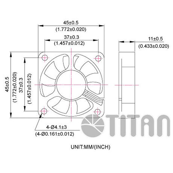 TITAN 45 مم × 45 مم × 10 مم رسم أبعاد مروحة تهوية تبريد محورية DC