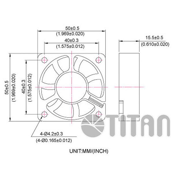 TITAN 50mm x 50mm x 15mm DC axiale koelventilator afmetingstekening