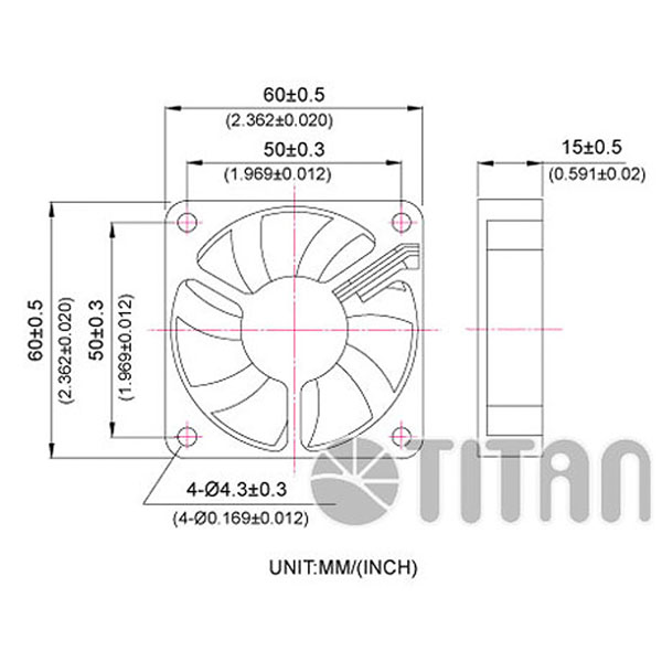 TITAN 60mm x 60mm x 15mm DC 축류 냉각 환기 팬 치수 도면