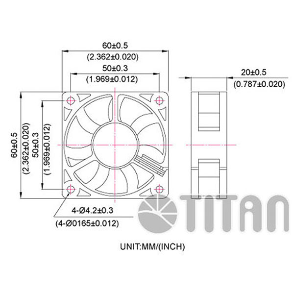 TITAN 60 مم × 60 مم × 20 مم رسم بعد مروحة تهوية تبريد محورية DC