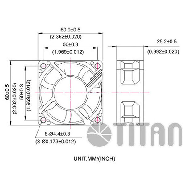 TITAN 60mm x 60mm x 25mm Dibujo de dimensiones del ventilador de ventilación axial de CC