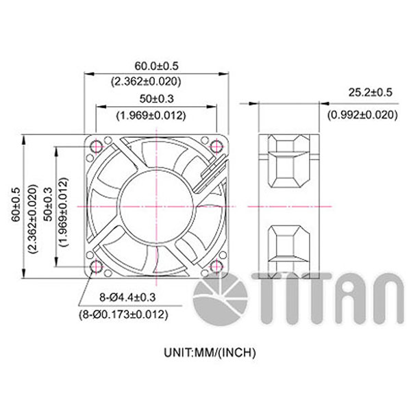 TITAN 60mm x 60mm x 25mm DC-Axiallüfter für Kühlung und Belüftung - Abmessungen