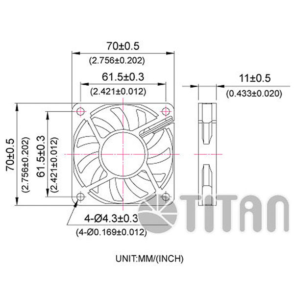 TITAN 70mm x 70mm x 10mm DC 축류 냉각 환기 팬 치수 도면