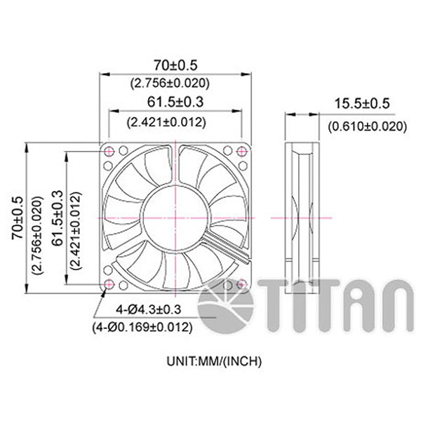 TITAN 70mm x 70mm x 15mm DC軸流冷却換気ファンの寸法図