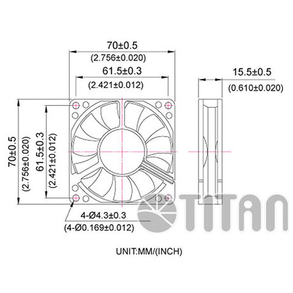 TITAN 70 مم × 70 مم × 15 مم رسم بعد مروحة تهوية تبريد محورية DC