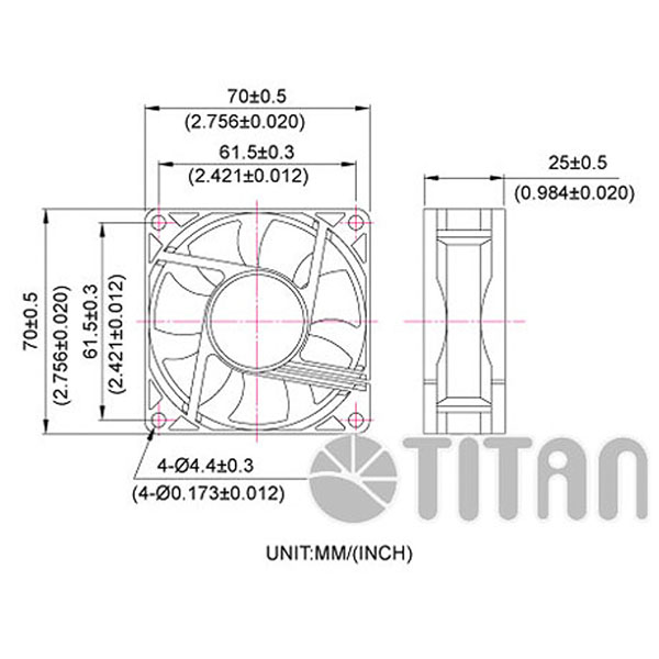 TITAN 70mm x 70mm x25mm DC axial cooling ventilation fan dimension drawing