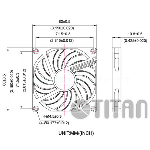 Dibujo de dimensiones del ventilador de ventilación axial de CC TITAN de 80 mm x 80 mm x 10 mm