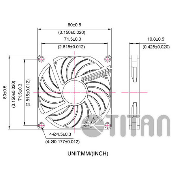 TITAN 80mm x 80mm x 10mm DC axiale koelventilator afmetingstekening