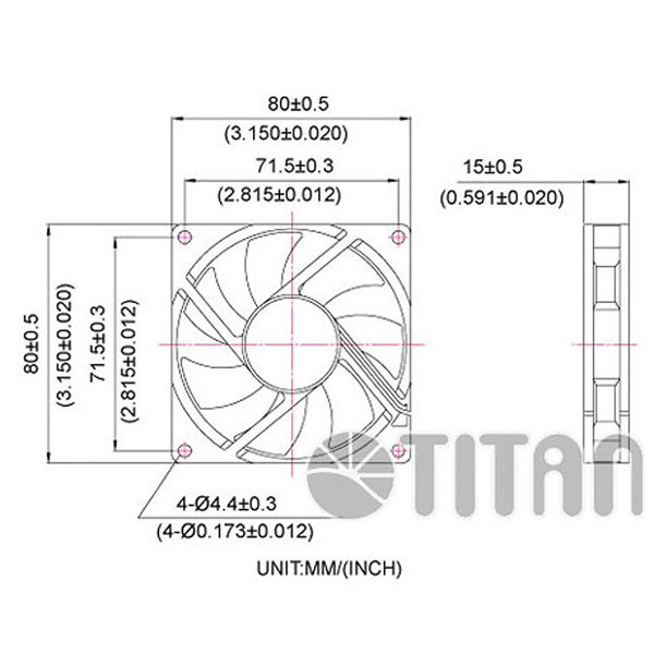 TITAN 80 مم × 80 مم × 15 مم رسم بعد مروحة تهوية تبريد محورية DC