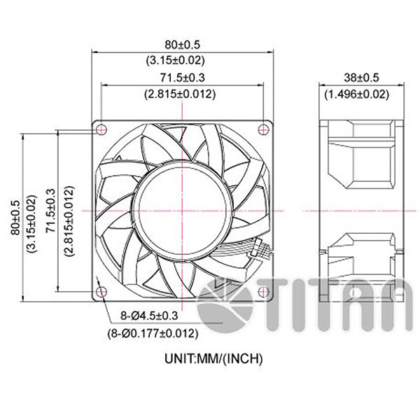 TITAN 80mm x 80mm x 38mm رسم بعد مروحة التهوية المحورية DC